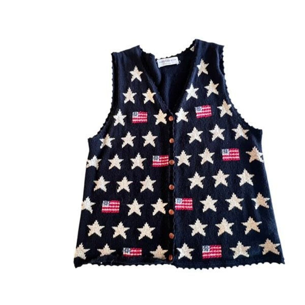 Marisa Christina Women's American Flag Linen Cotton Sweater Vest Multicolor XL